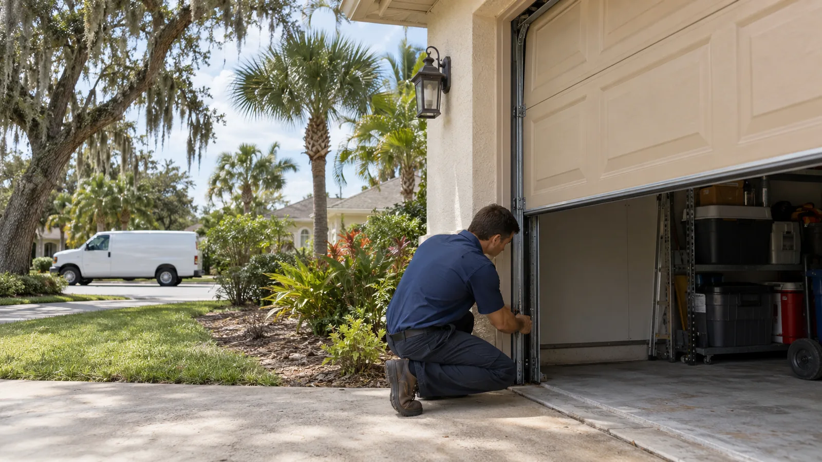 A technician checking the track of a half open tan garage door on a stucco Florida home with palms and a live oak
