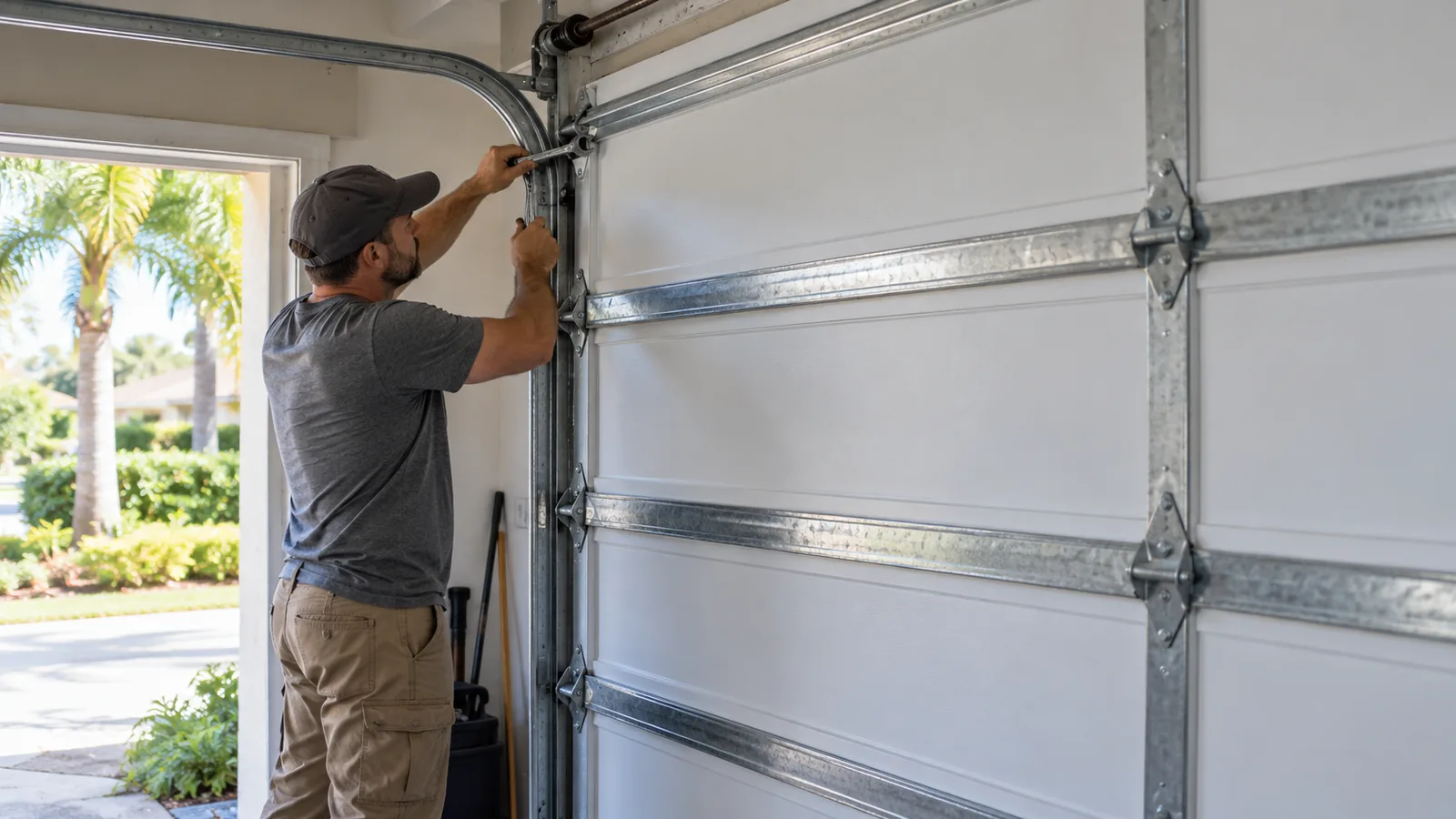 A technician tightening a track bracket beside a steel garage door with heavy reinforcing struts across each section