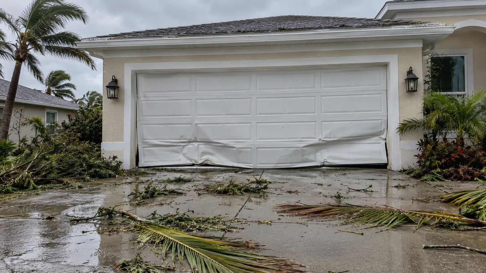A white garage door with a dented, bowed lower section after a storm, with palm fronds on the driveway